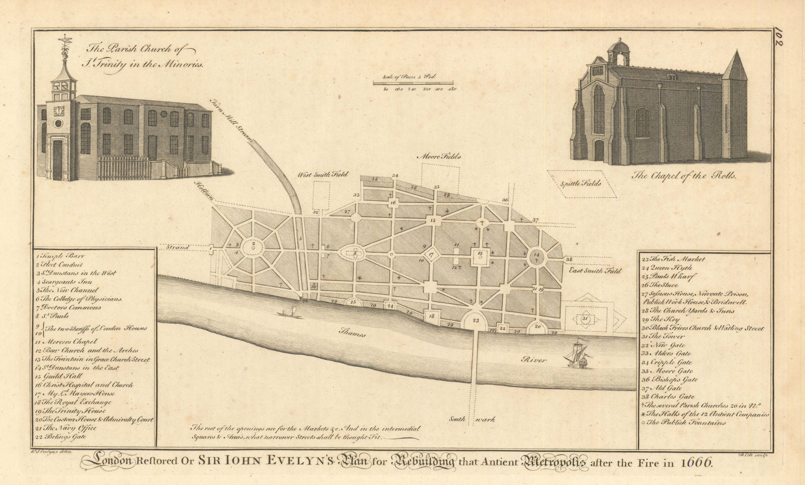 London. John Evelyn's Plan for Rebuilding after the Fire of 1666. COLE 1760 map
